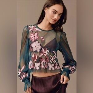 Anthropologie green mesh embroidered top